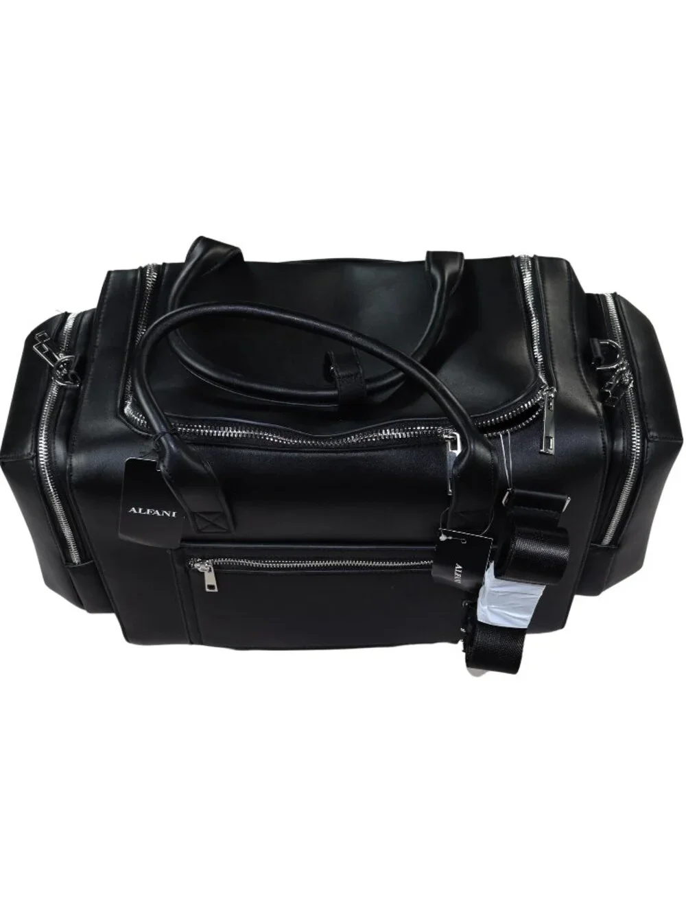 Alfani Faux Leather Multi-Pocket Zippered Duffle Bag Shoulder Strap & Handle NWT
